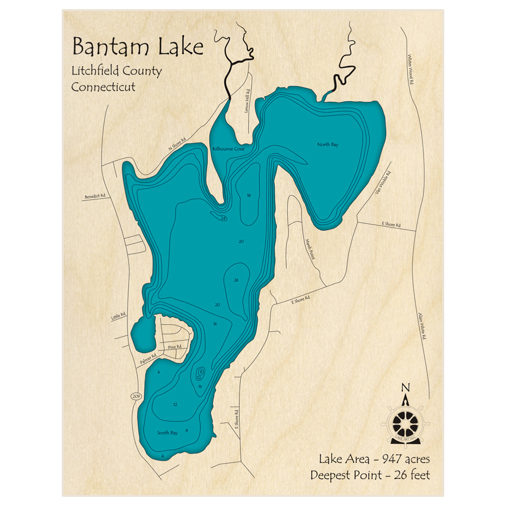Bathymetric topo map of Bantam Lake with roads, towns and depths noted in blue water