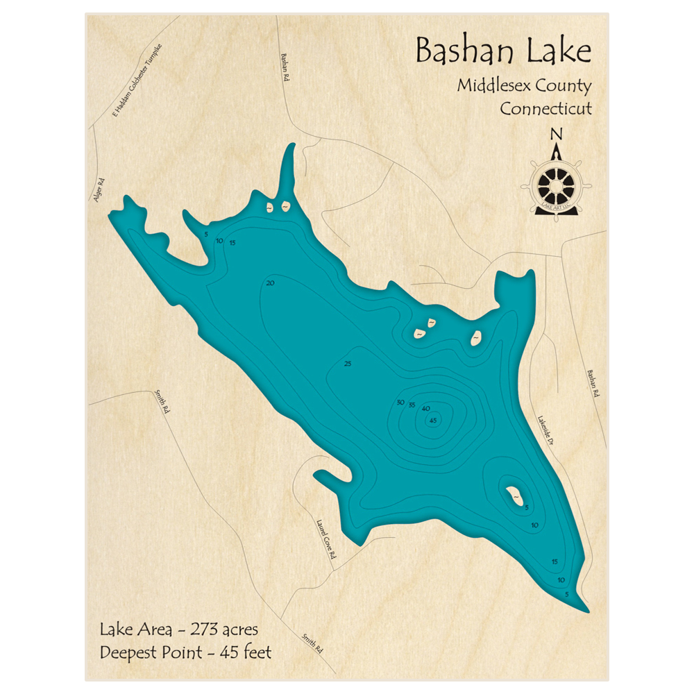 Bathymetric topo map of Bashan Lake with roads, towns and depths noted in blue water