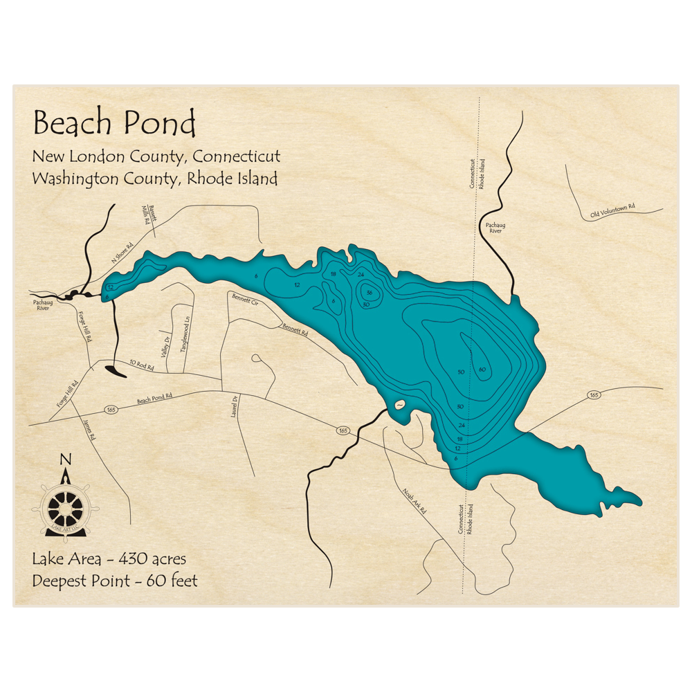 Bathymetric topo map of Beach Pond with roads, towns and depths noted in blue water
