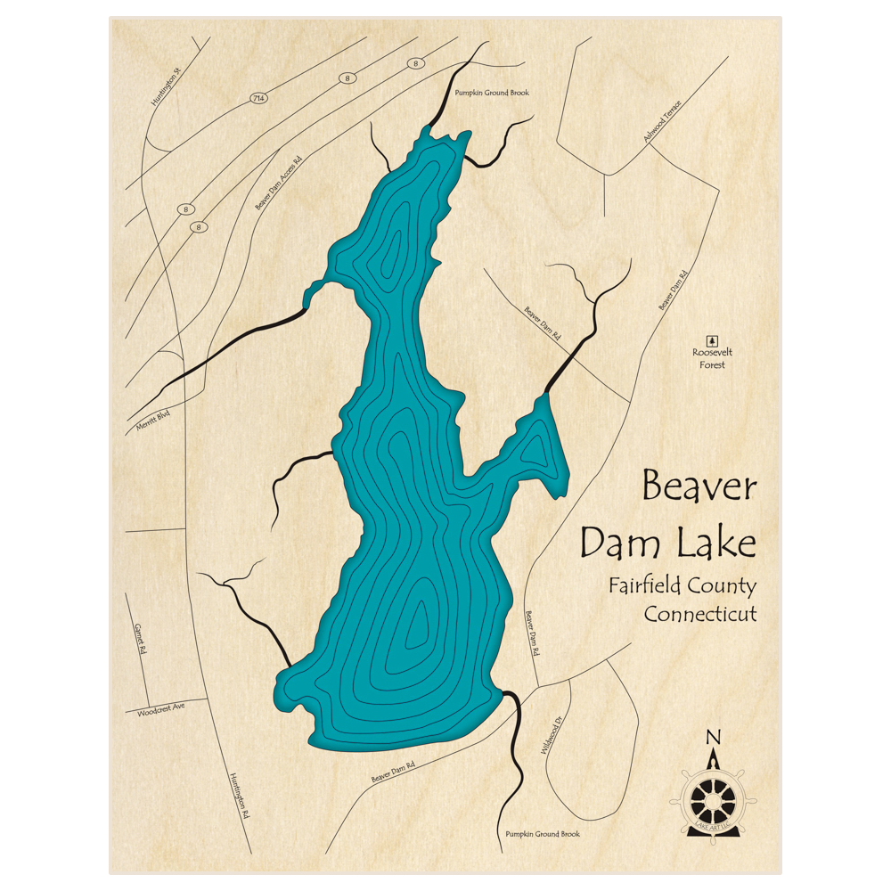 Bathymetric topo map of Beaver Dam Lake  with roads, towns and depths noted in blue water
