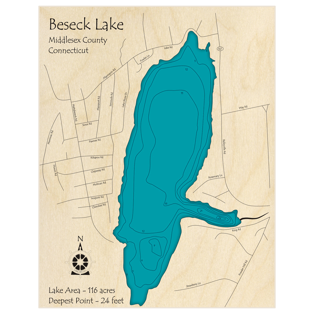 Bathymetric topo map of Beseck Lake with roads, towns and depths noted in blue water