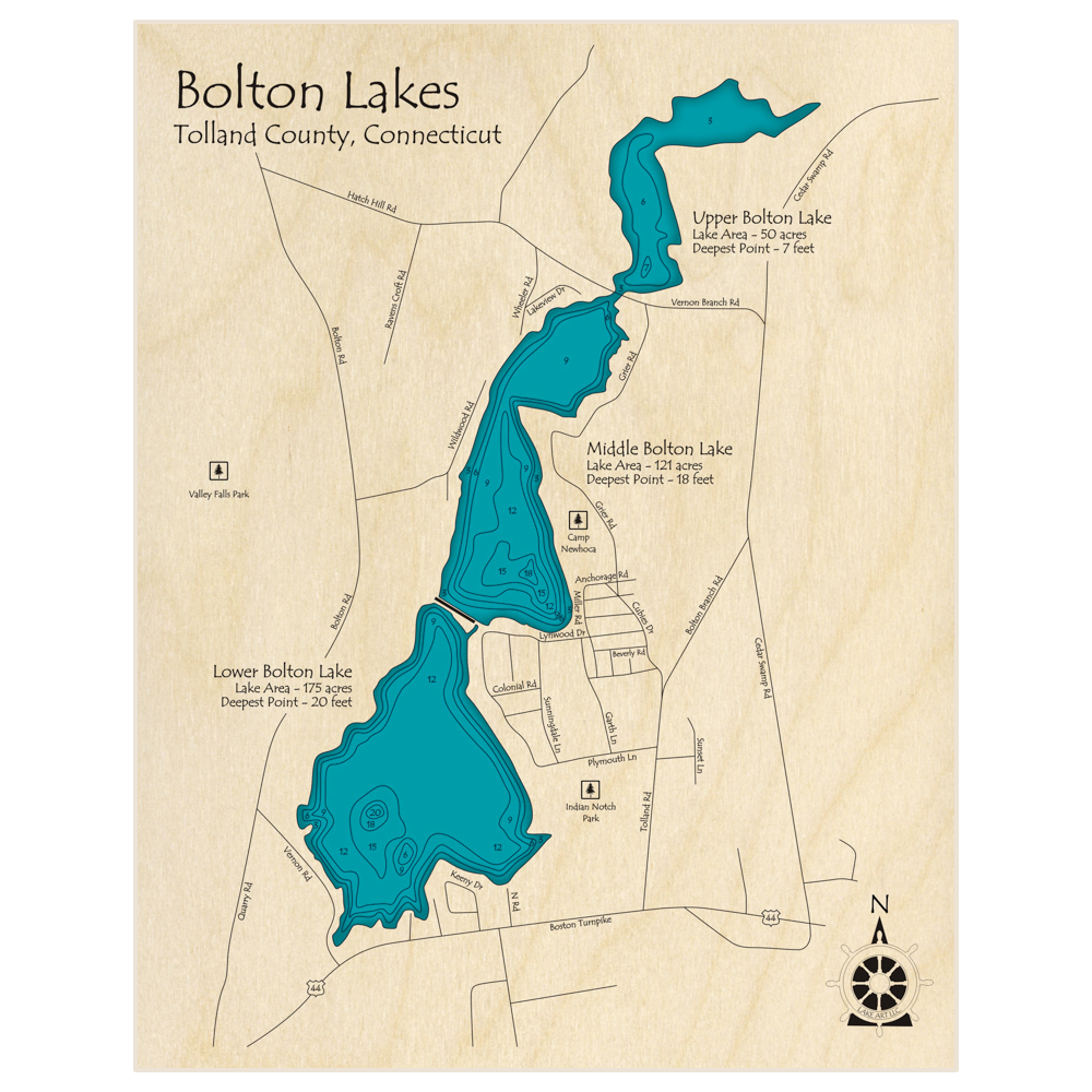Bathymetric topo map of Bolton Lakes (Upper - Middle - Lower) with roads, towns and depths noted in blue water