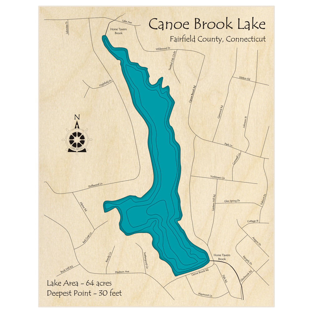 Bathymetric topo map of Canoe Brook Lake  with roads, towns and depths noted in blue water