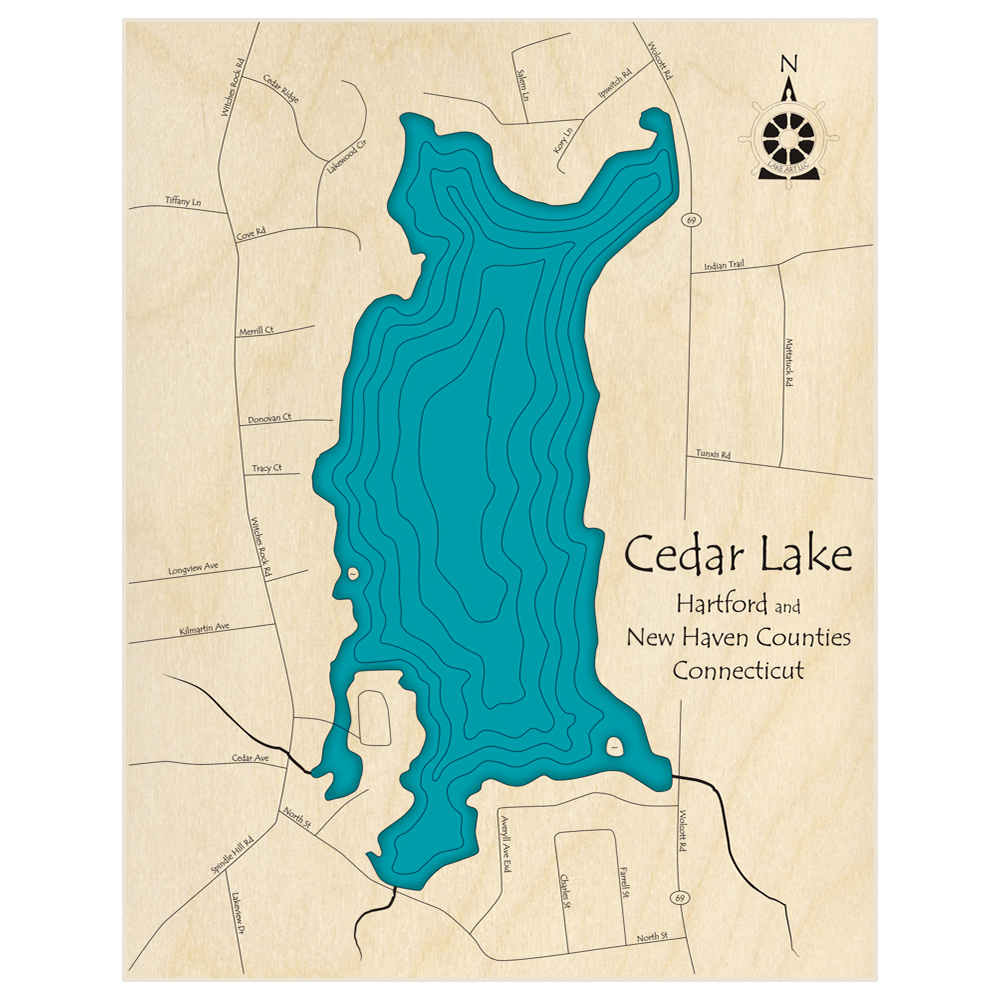 Bathymetric topo map of Cedar Lake with roads, towns and depths noted in blue water