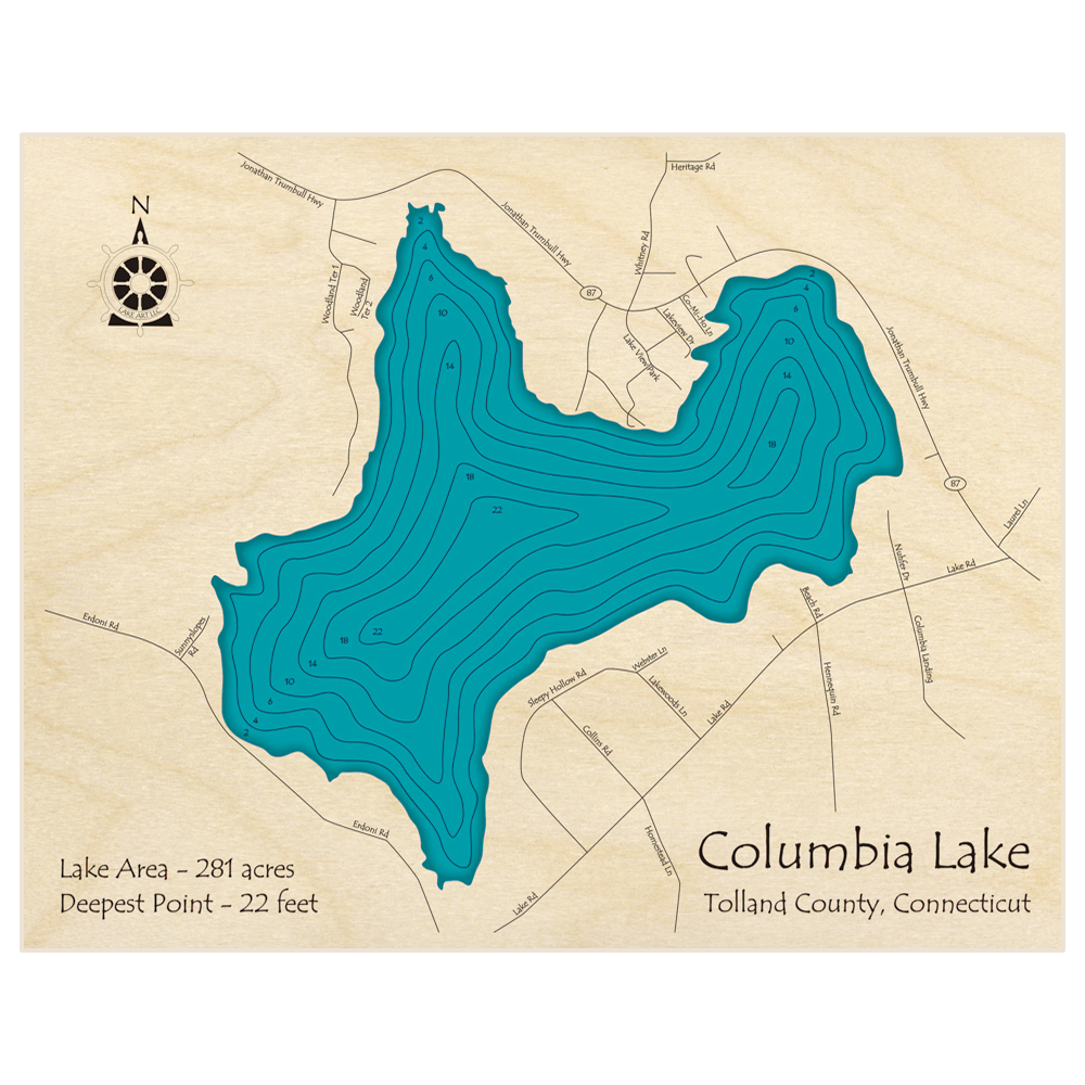 Bathymetric topo map of Columbia Lake with roads, towns and depths noted in blue water