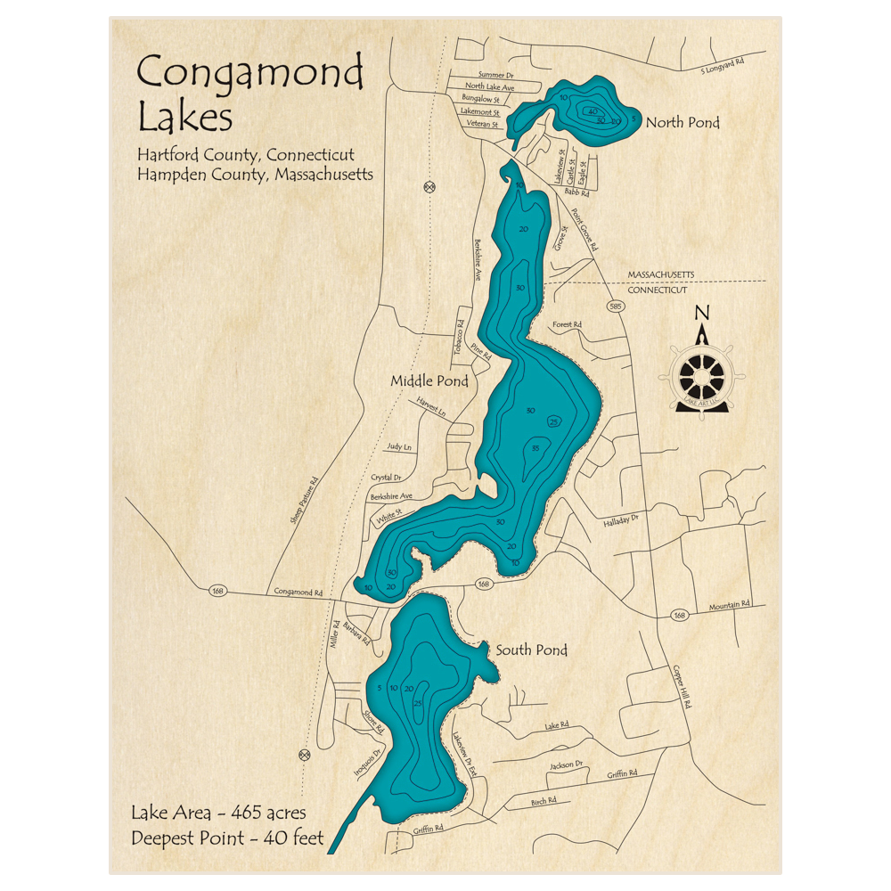 Bathymetric topo map of Congamond Lakes with roads, towns and depths noted in blue water
