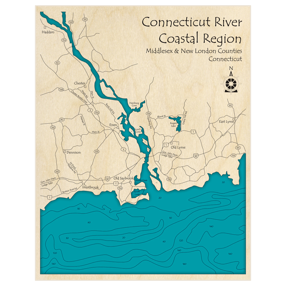 Bathymetric topo map of Connecticut River - Coastal Region with roads, towns and depths noted in blue water
