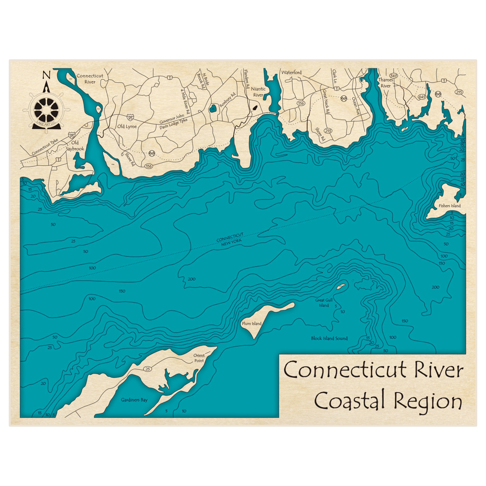 Bathymetric topo map of Connecticut River Coastal Region (Old Saybrook to Fishers Island) with roads, towns and depths noted in blue water