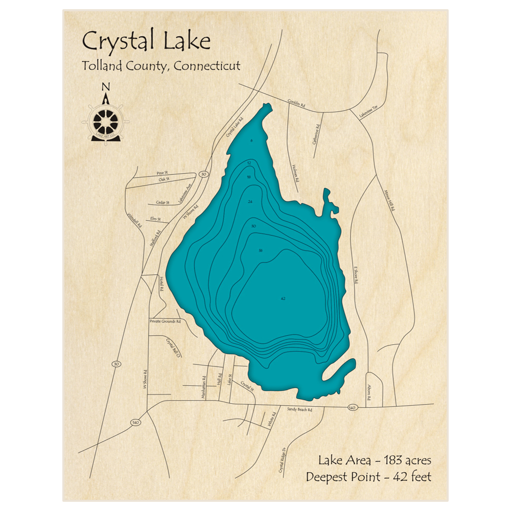 Bathymetric topo map of Crystal Lake with roads, towns and depths noted in blue water