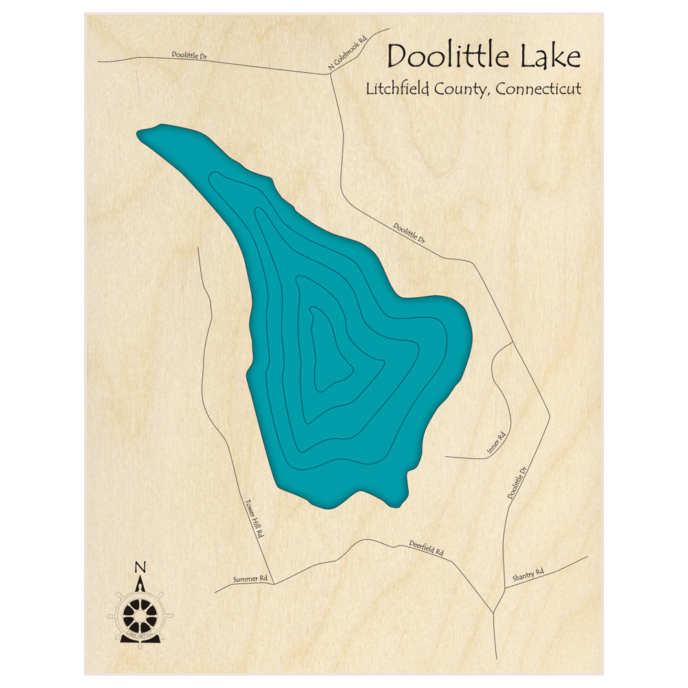 Bathymetric topo map of Doolittle Lake  with roads, towns and depths noted in blue water