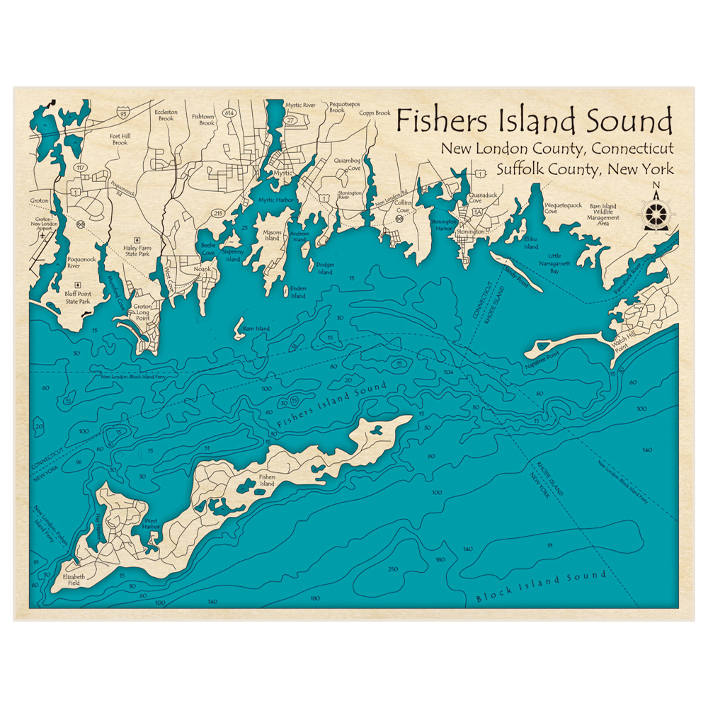 Bathymetric topo map of Fishers Island Sound with roads, towns and depths noted in blue water