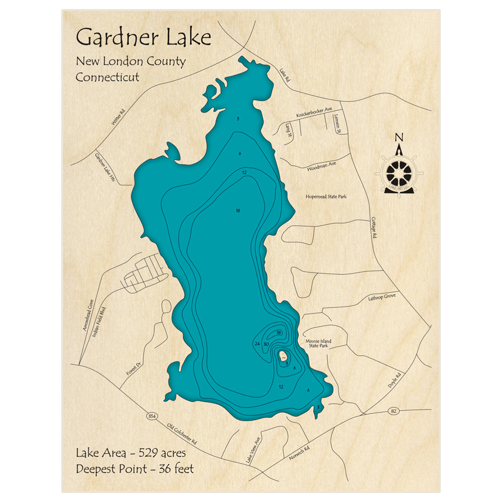 Bathymetric topo map of Gardner Lake with roads, towns and depths noted in blue water