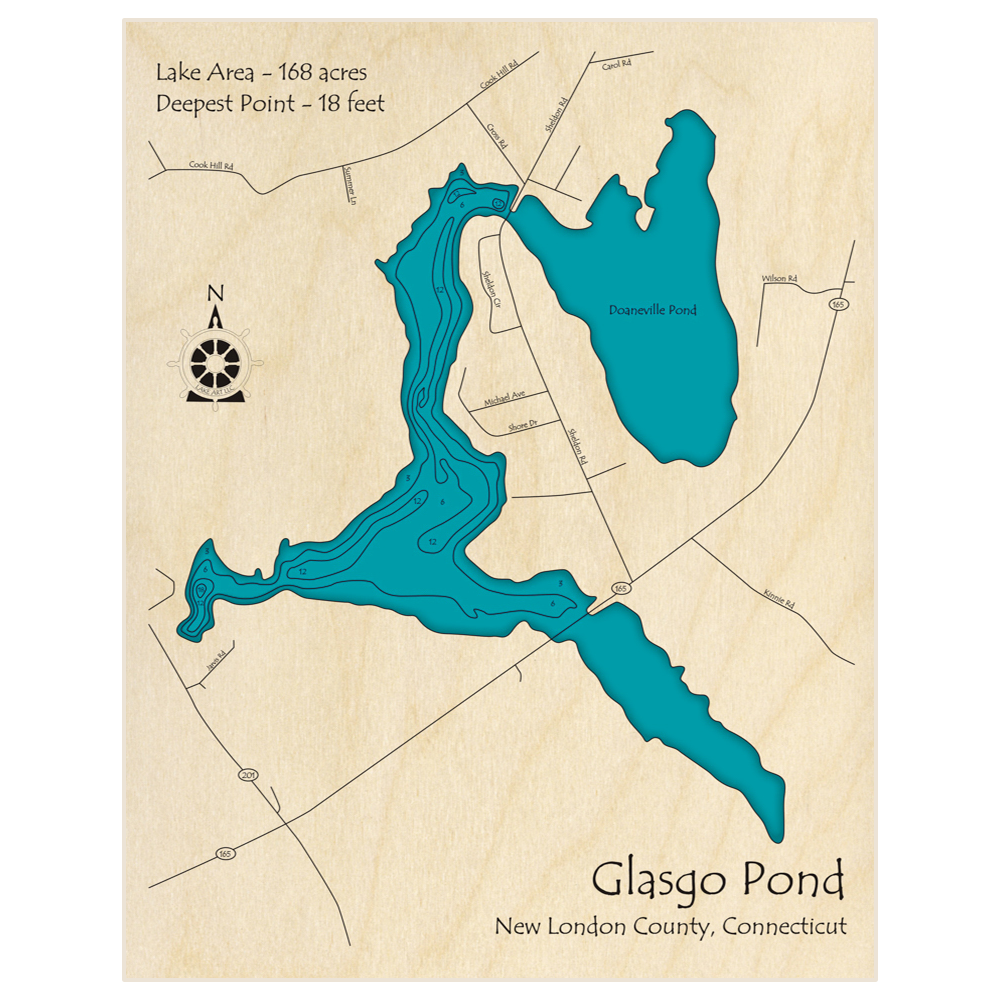 Bathymetric topo map of Glasgo Pond with roads, towns and depths noted in blue water