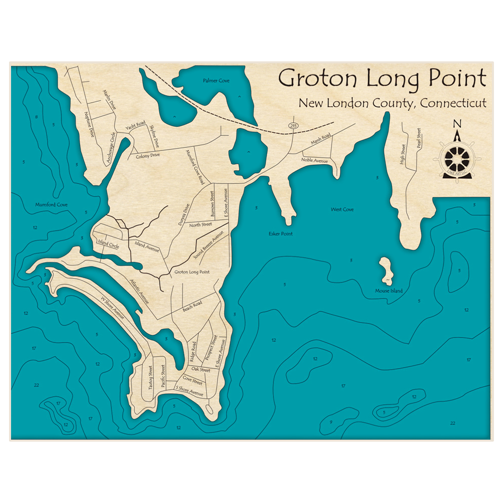 Bathymetric topo map of Groton Long Point with roads, towns and depths noted in blue water