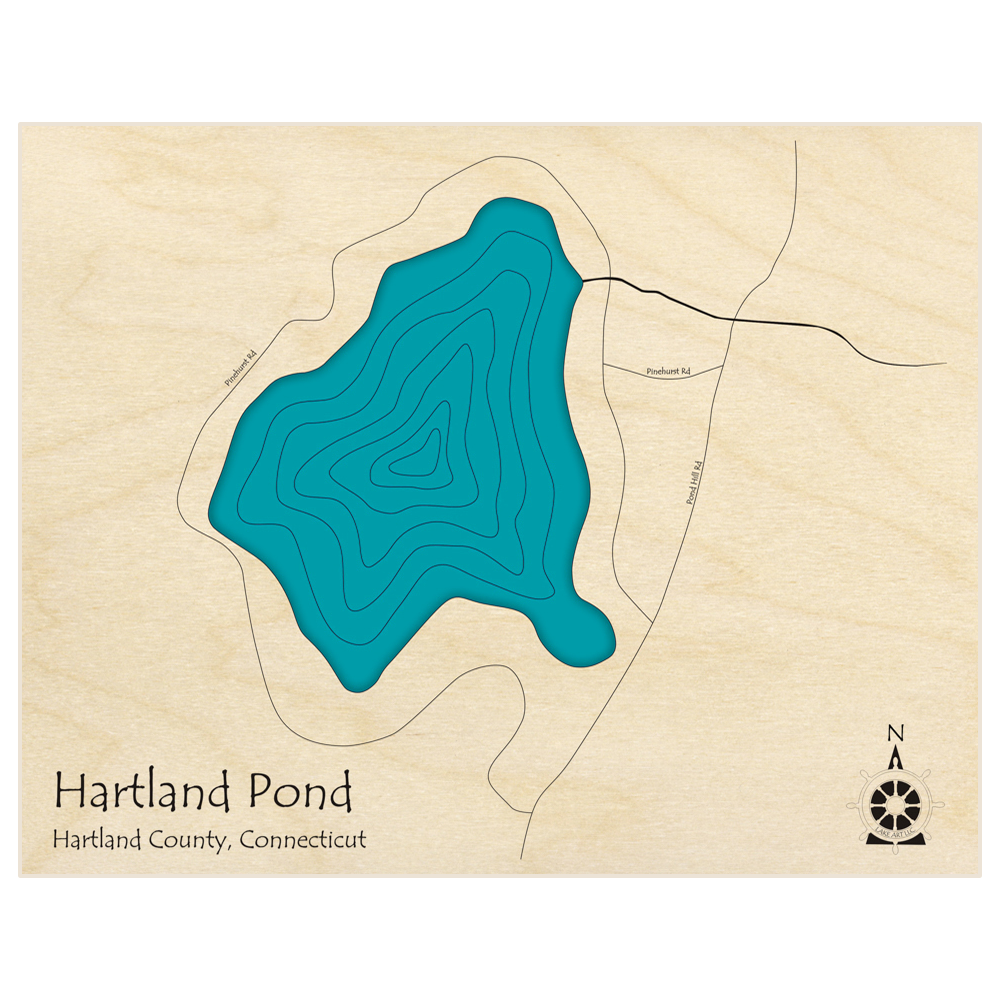 Bathymetric topo map of Hartland Pond  with roads, towns and depths noted in blue water