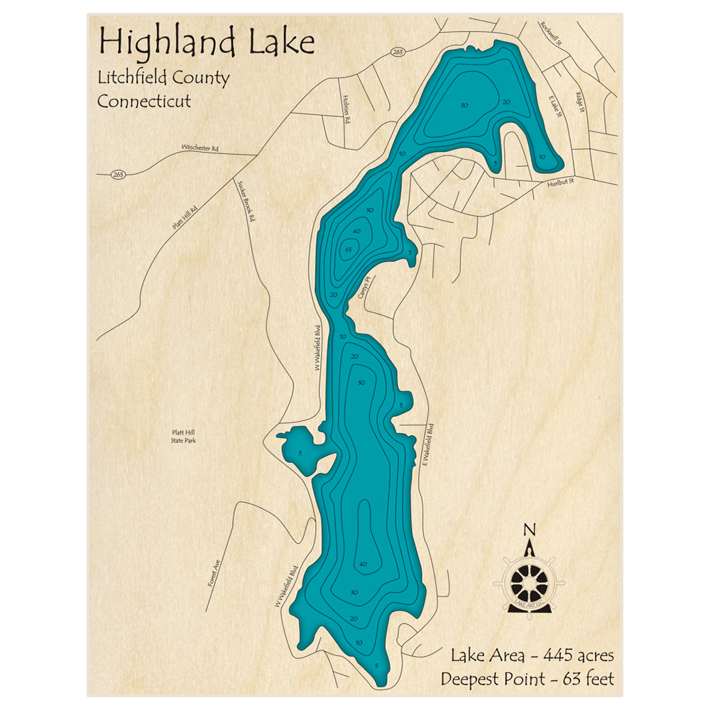 Bathymetric topo map of Highland Lake with roads, towns and depths noted in blue water