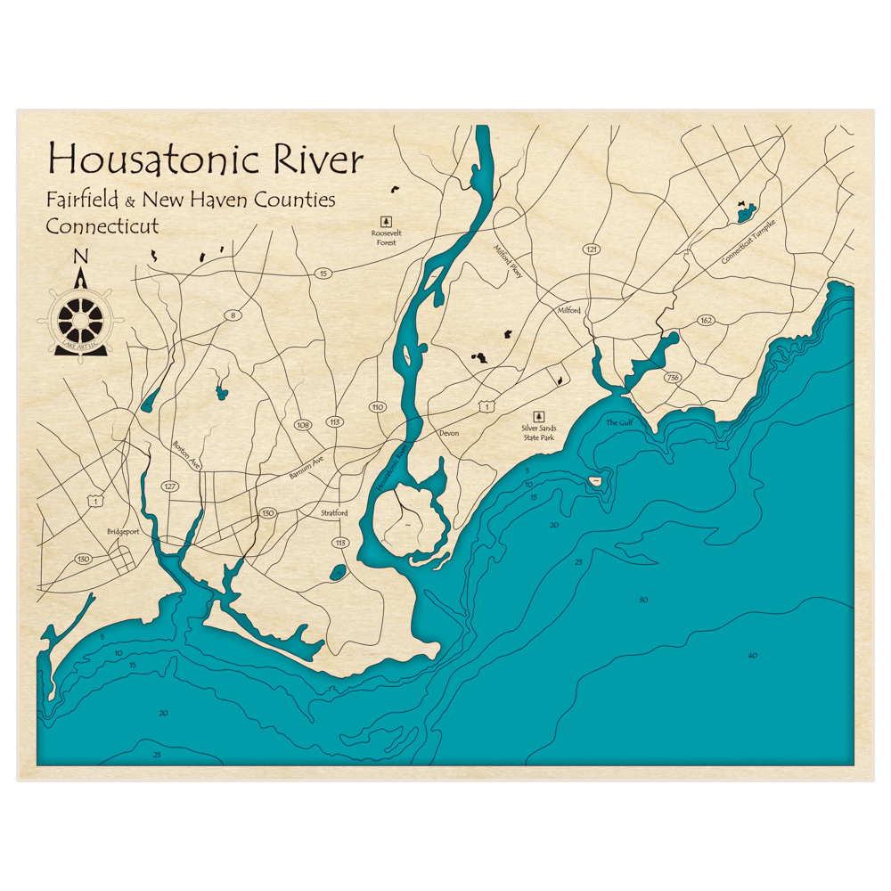 Bathymetric topo map of Mouth of the Housatonic River (near Milford) with roads, towns and depths noted in blue water