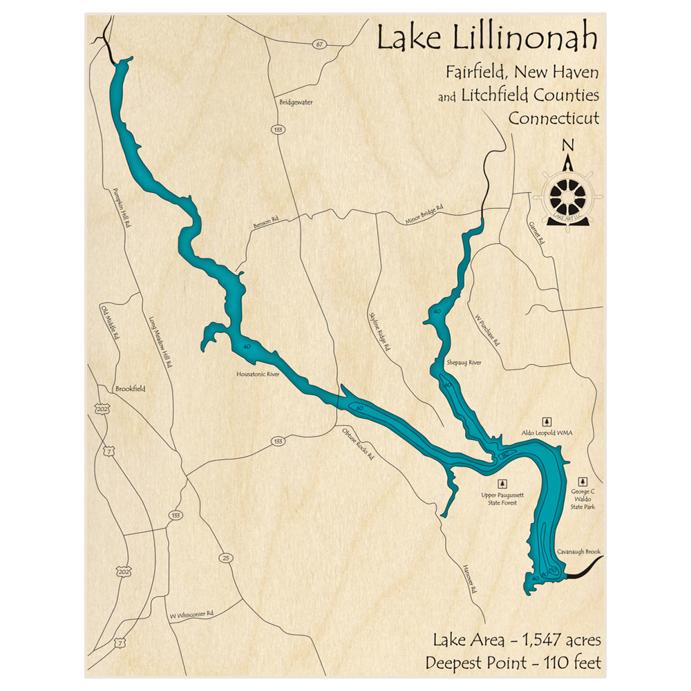 Bathymetric topo map of Lake Lillinonah with roads, towns and depths noted in blue water