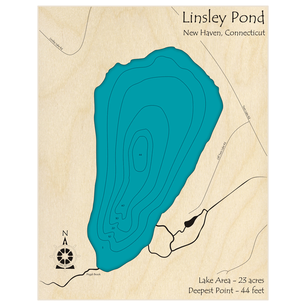 Bathymetric topo map of Linsley Lake with roads, towns and depths noted in blue water