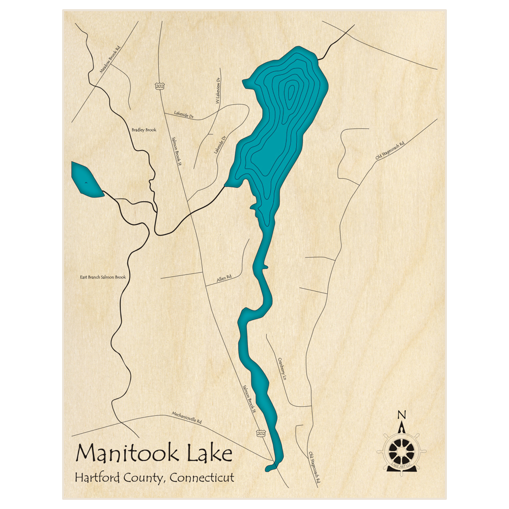 Bathymetric topo map of Manitook Lake  with roads, towns and depths noted in blue water