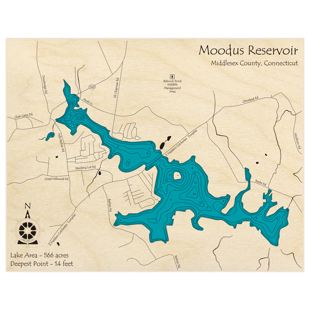 Bathymetric topo map of Moodus Reservoir with roads, towns and depths noted in blue water