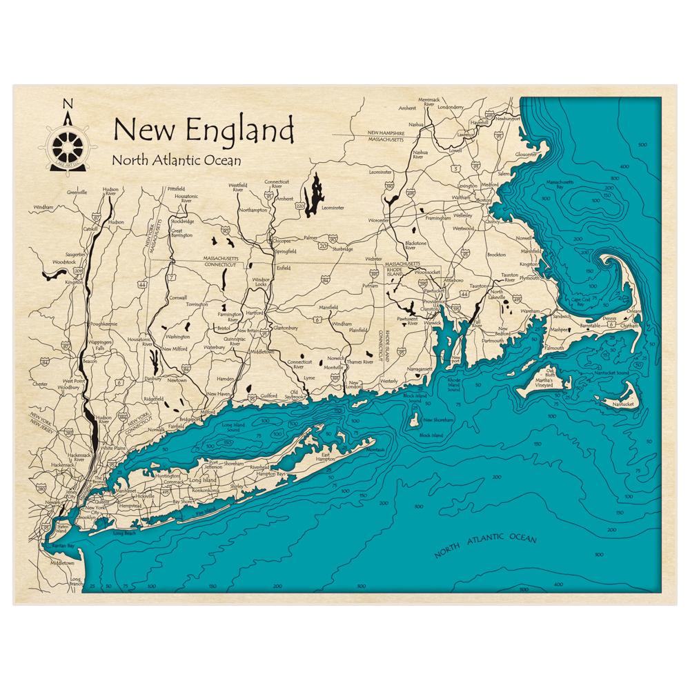 Bathymetric topo map of New England with roads, towns and depths noted in blue water