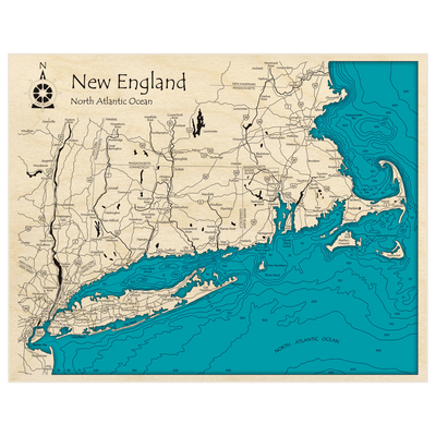 Bathymetric topo map of New England with roads, towns and depths noted in blue water