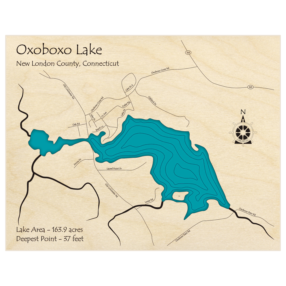 Bathymetric topo map of Oxoboxo Lake with roads, towns and depths noted in blue water
