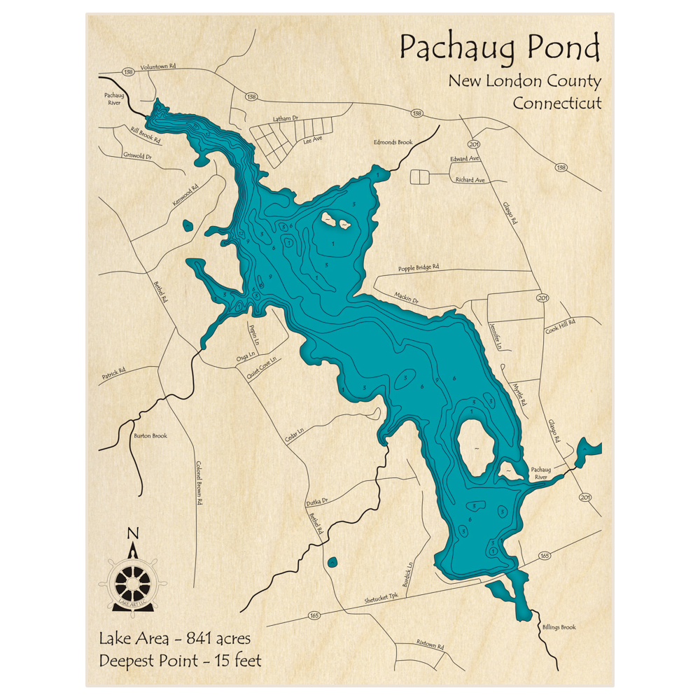 Bathymetric topo map of Pachaug Pond with roads, towns and depths noted in blue water