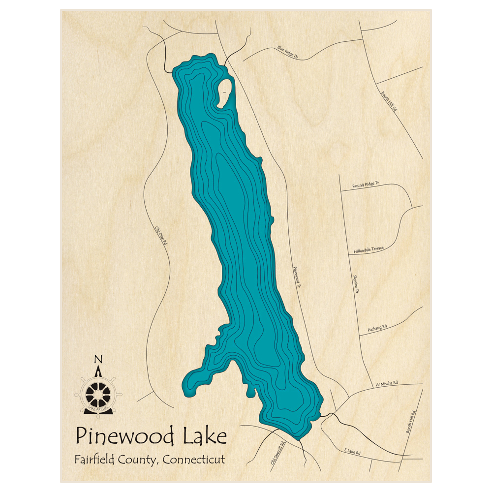Bathymetric topo map of Pinewood Lake  with roads, towns and depths noted in blue water