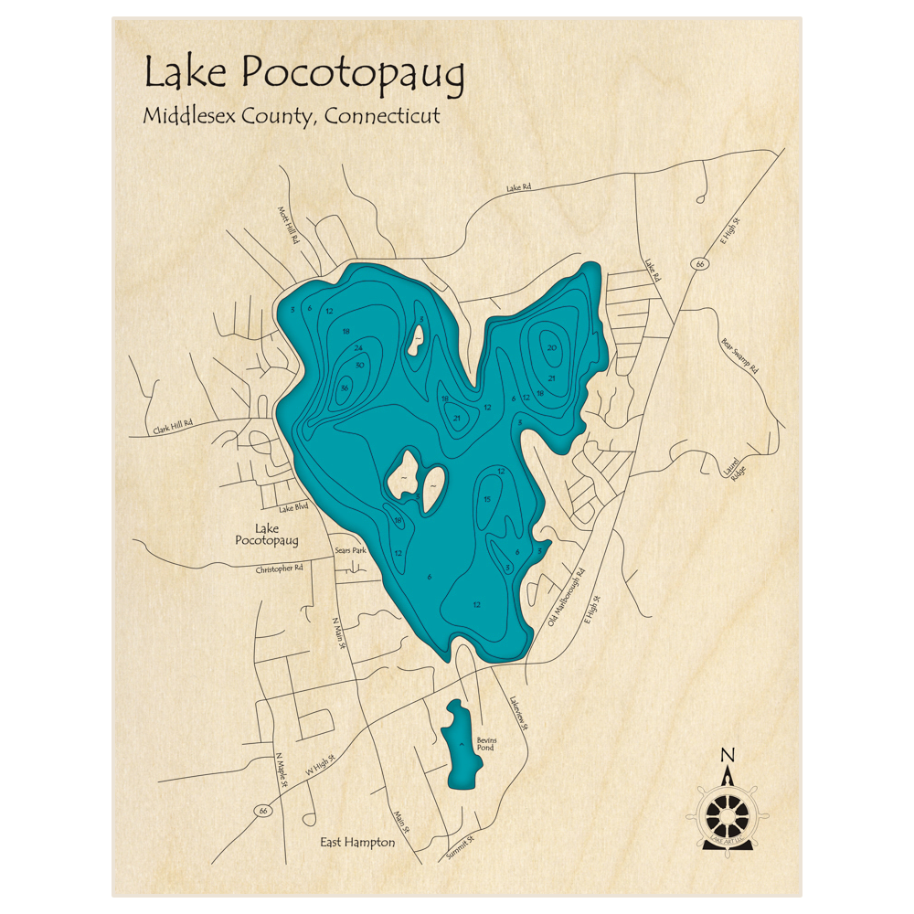 Bathymetric topo map of Lake Pocotopaug with roads, towns and depths noted in blue water