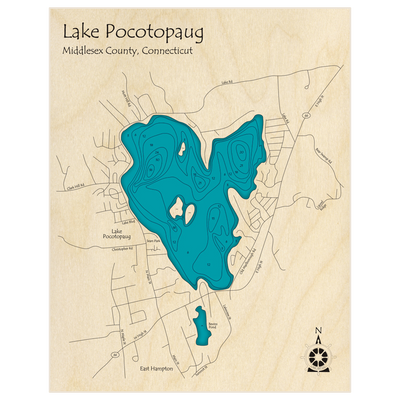 Bathymetric topo map of Lake Pocotopaug with roads, towns and depths noted in blue water