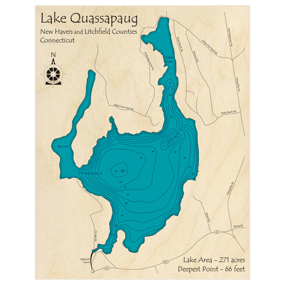 Bathymetric topo map of Lake Quassapaug with roads, towns and depths noted in blue water