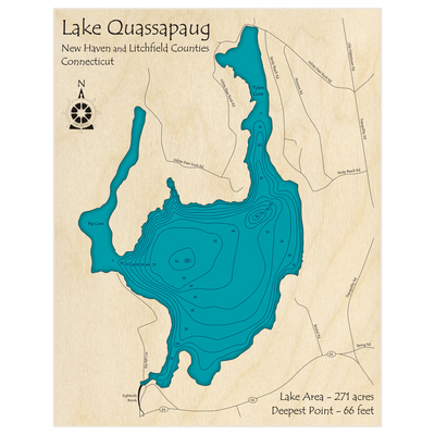 Bathymetric topo map of Lake Quassapaug with roads, towns and depths noted in blue water