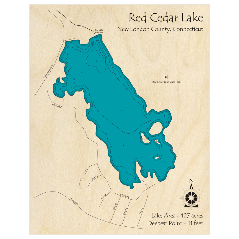 Bathymetric topo map of Red Cedar Lake with roads, towns and depths noted in blue water