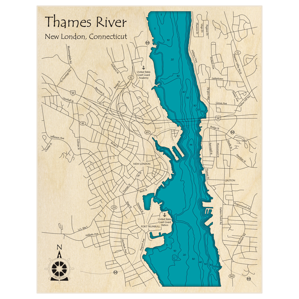 Bathymetric topo map of Thames River (at New London and Groton) with roads, towns and depths noted in blue water
