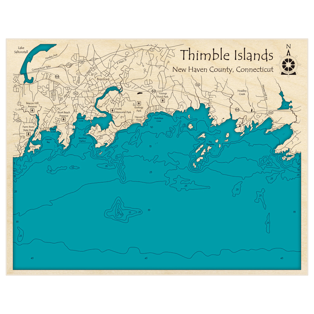 Bathymetric topo map of Thimble Islands with roads, towns and depths noted in blue water