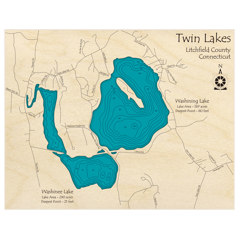 Bathymetric topo map of Twin Lakes (Washinee and Washining Lakes) with roads, towns and depths noted in blue water