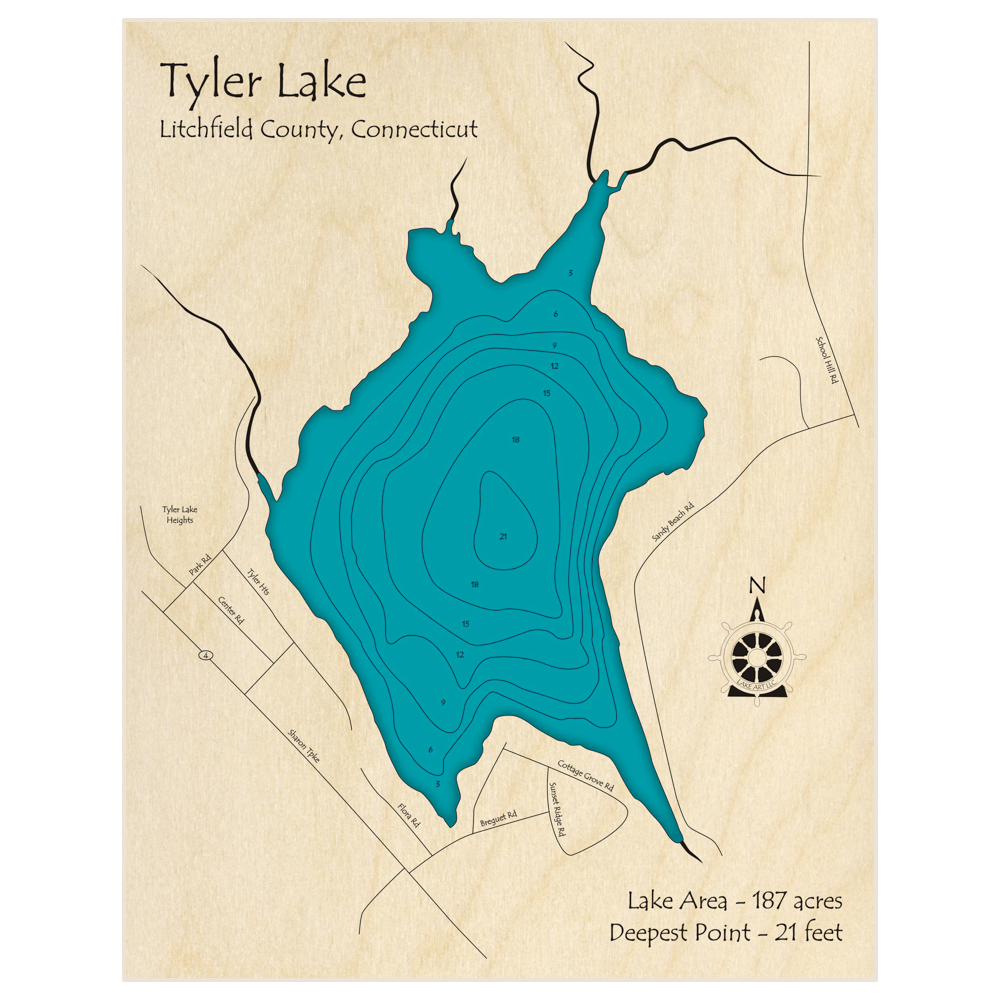 Bathymetric topo map of Tyler Lake with roads, towns and depths noted in blue water