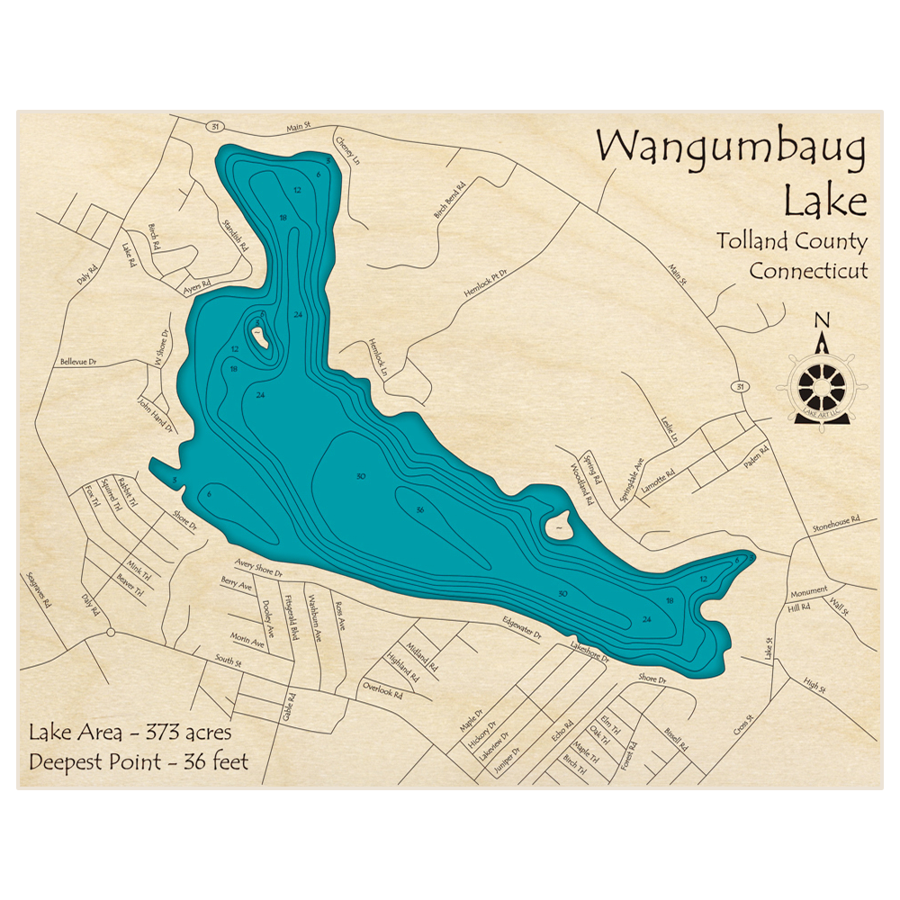 Bathymetric topo map of Wangumbaug Lake with roads, towns and depths noted in blue water
