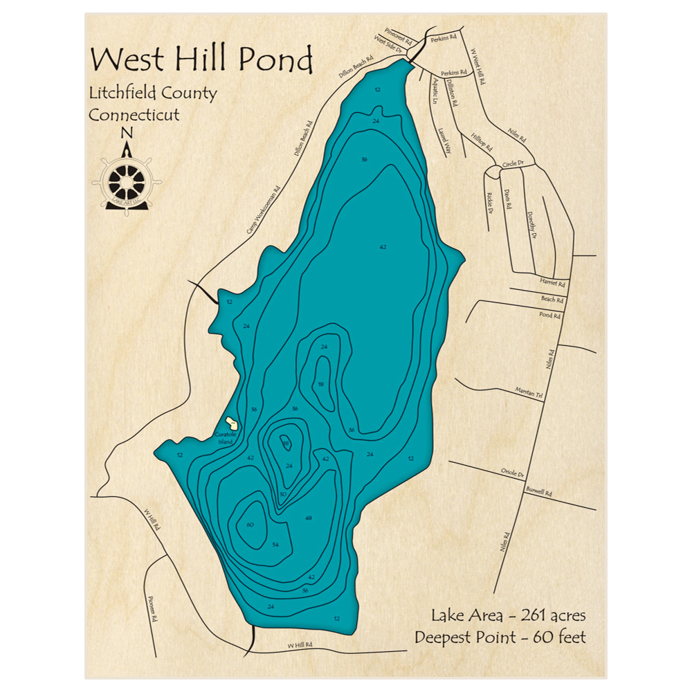 Bathymetric topo map of West Hill Pond with roads, towns and depths noted in blue water