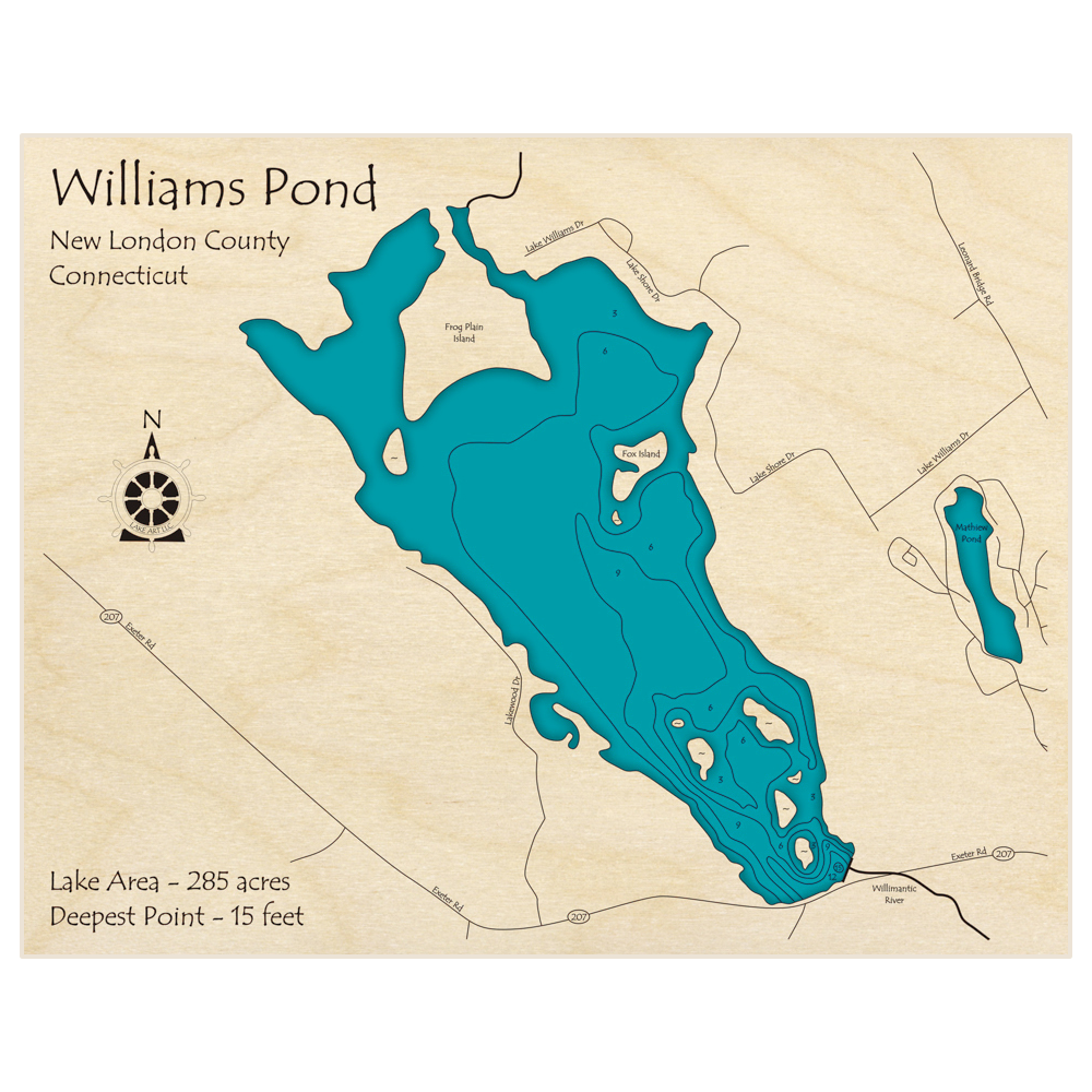 Bathymetric topo map of Williams Pond with roads, towns and depths noted in blue water