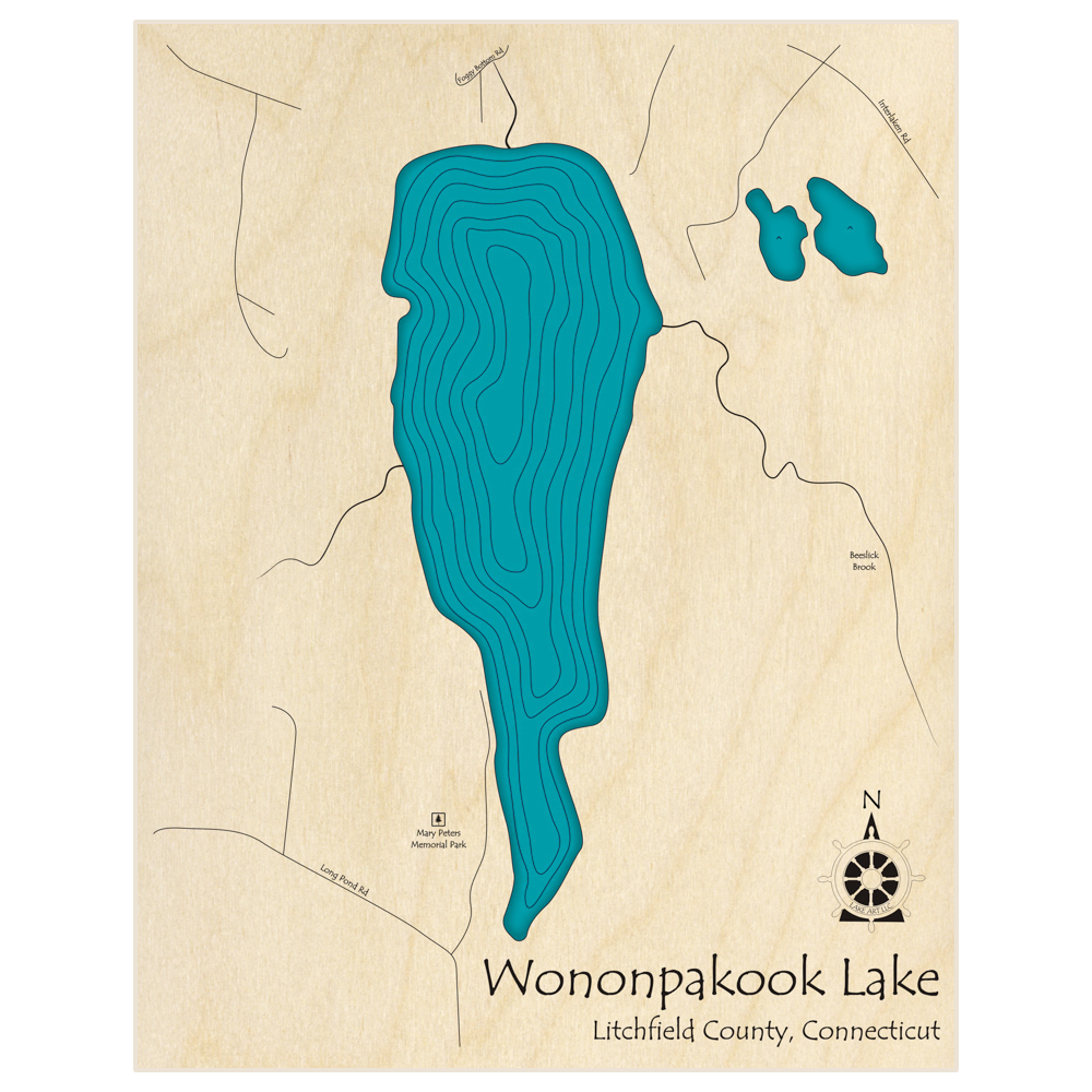 Bathymetric topo map of Wononpakook Lake  with roads, towns and depths noted in blue water