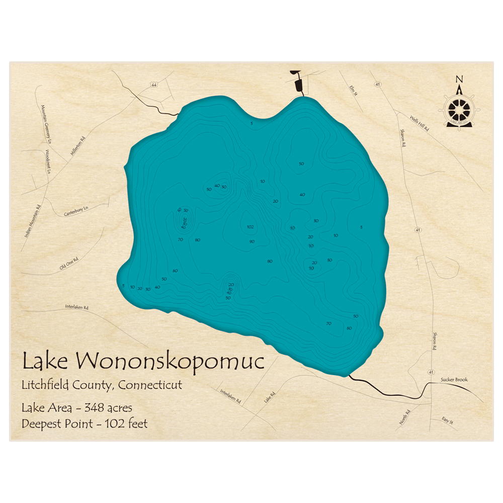 Bathymetric topo map of Lake Wononskopomuc with roads, towns and depths noted in blue water