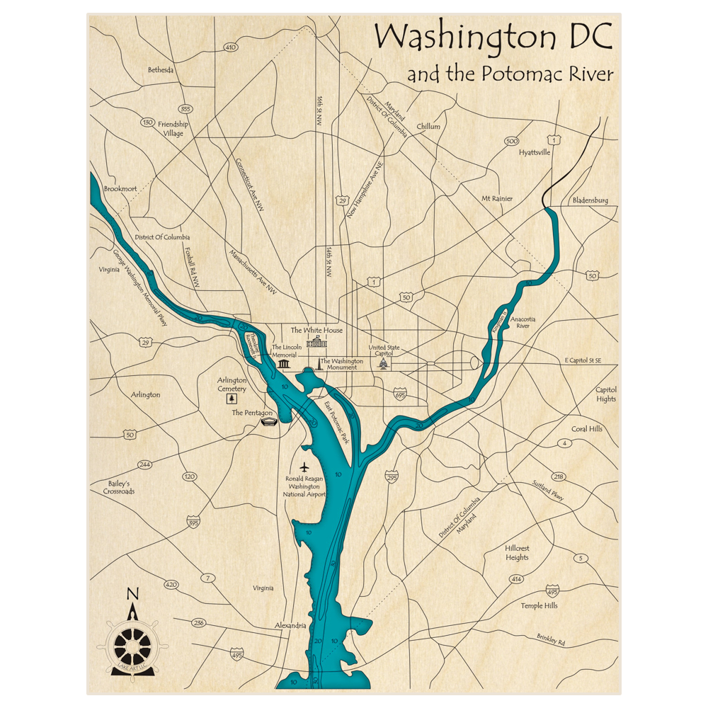 Bathymetric topo map of Washington DC and the Potomac River with roads, towns and depths noted in blue water