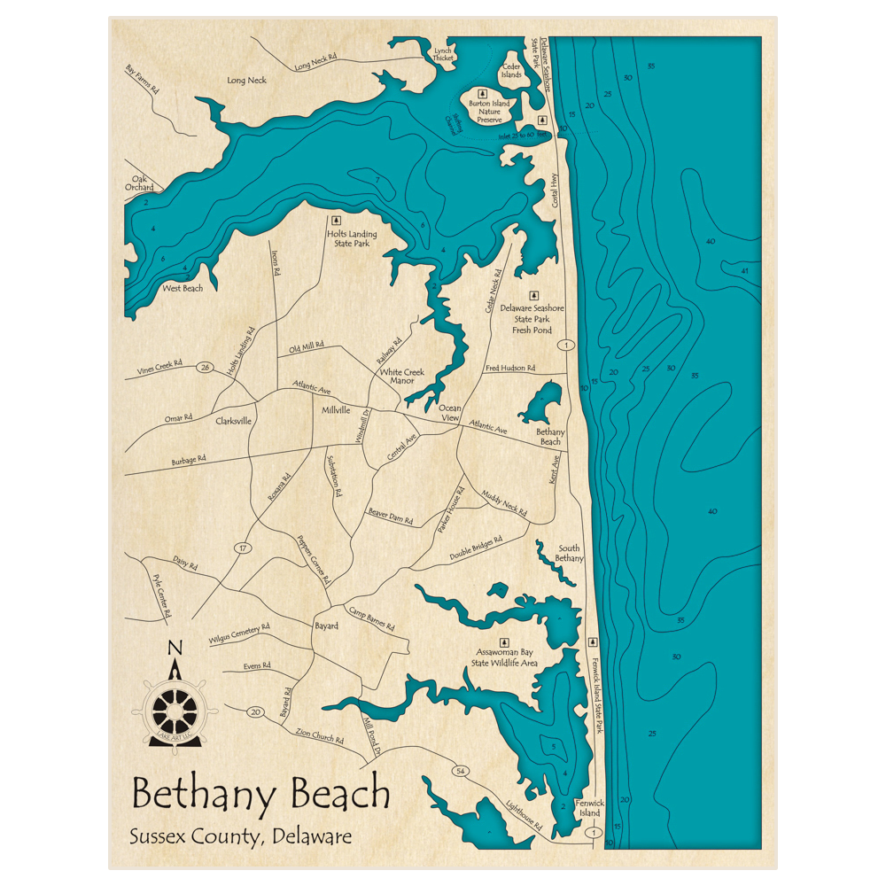 Bathymetric topo map of Bethany Beach with roads, towns and depths noted in blue water
