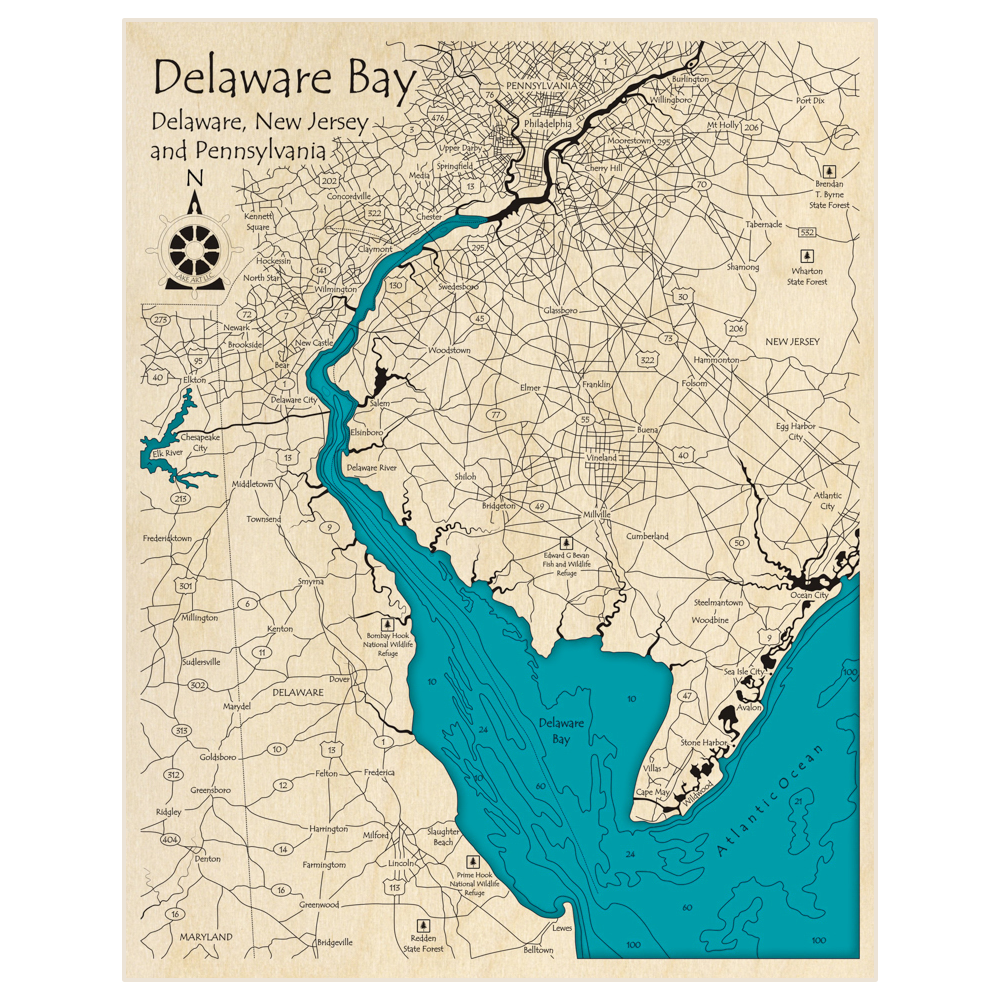 Bathymetric topo map of Delaware Bay with roads, towns and depths noted in blue water