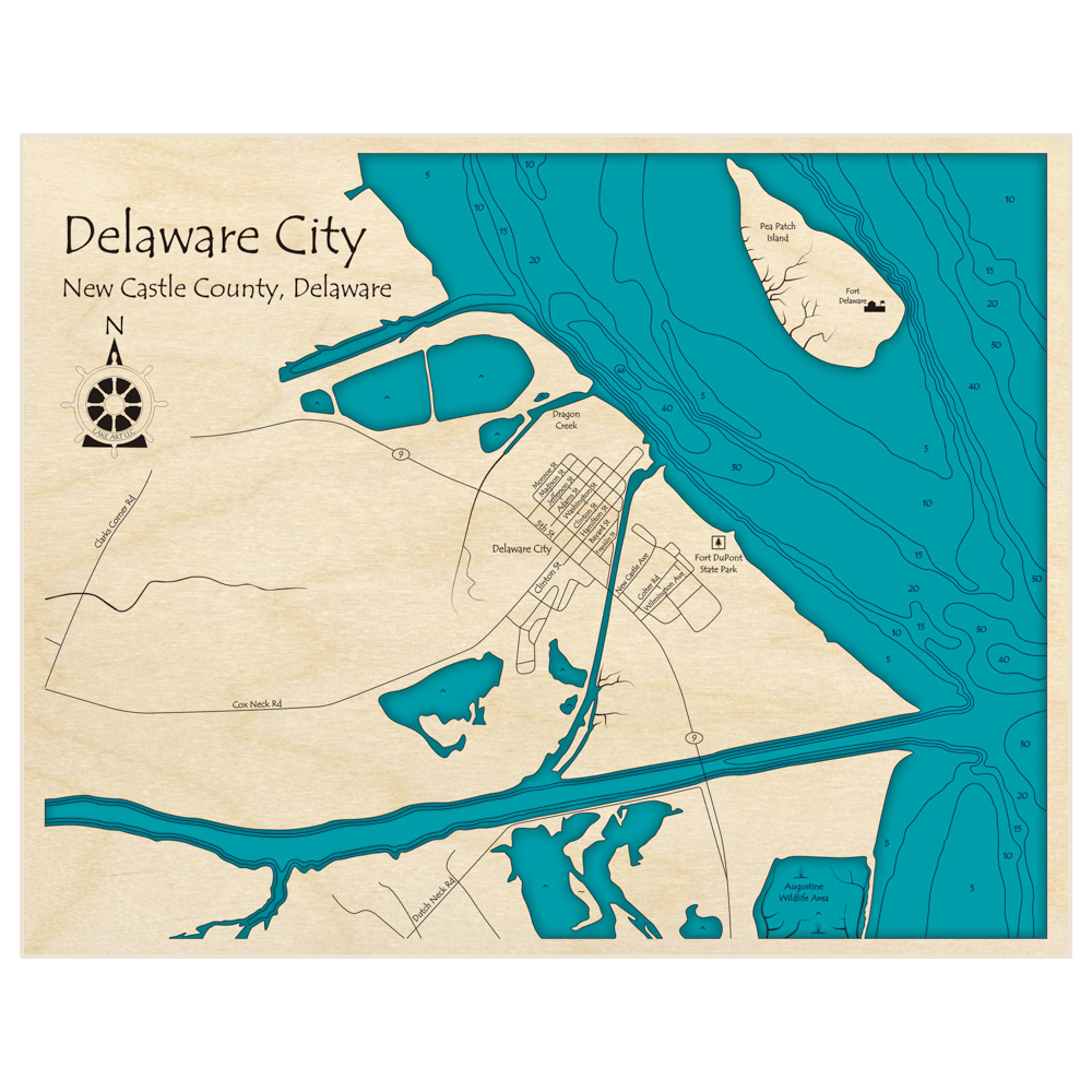 Bathymetric topo map of Delaware City (Landscape Orientation) with roads, towns and depths noted in blue water