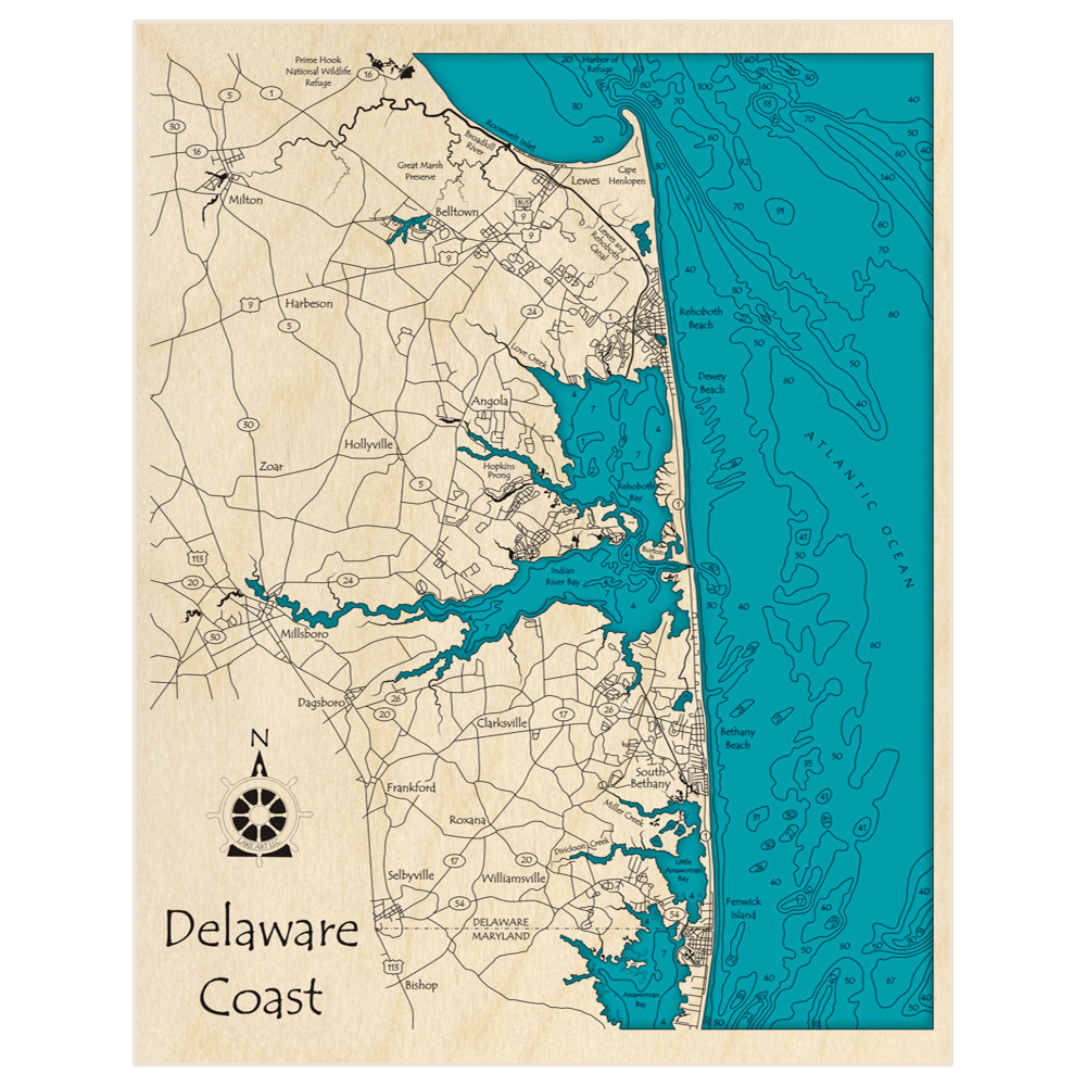 Bathymetric topo map of Delaware Coast (Lewes to Fenwick Island) with roads, towns and depths noted in blue water