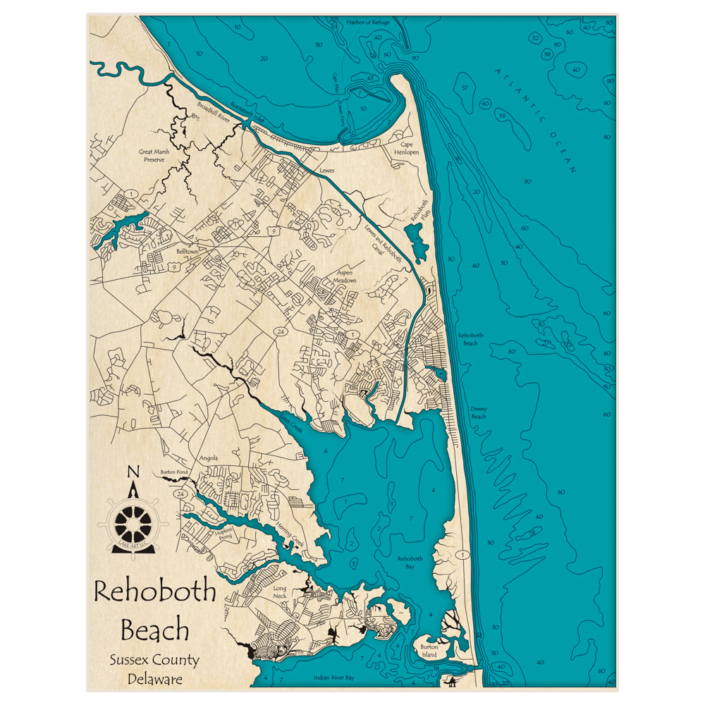 Bathymetric topo map of Rehoboth Beach with roads, towns and depths noted in blue water